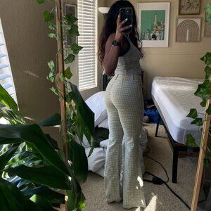Hollister Light Green High Rise Plaid Flare Pants